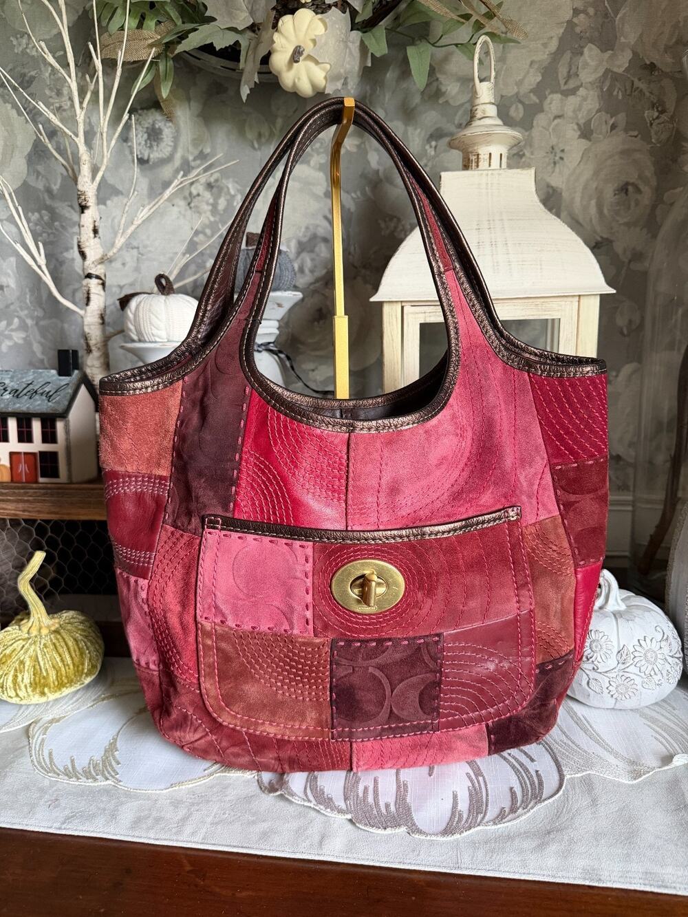 Y2K 2007 Coach ERGO Patchwork Burgundy Suede Leather Large Hobo Bag Purse 11310